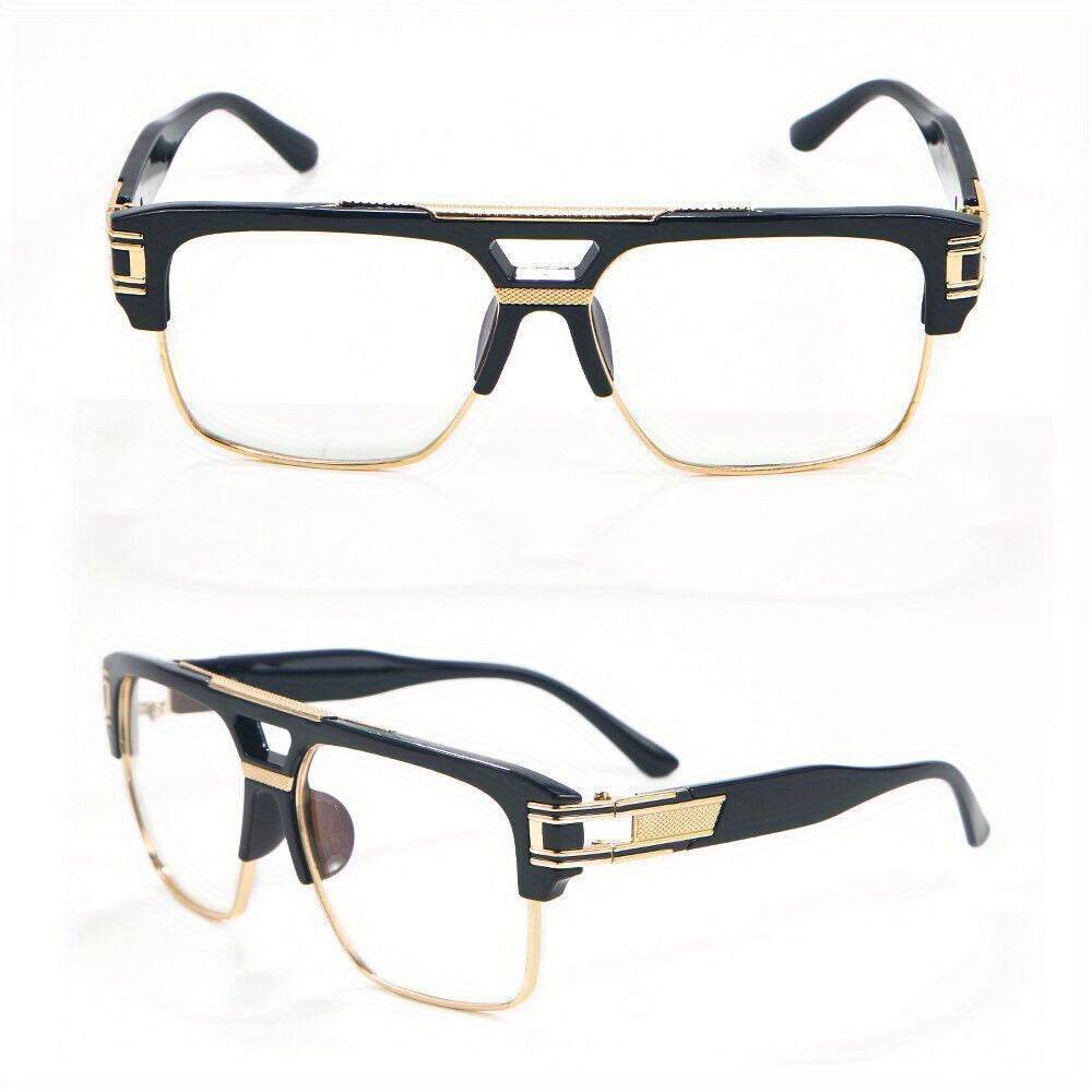 Hip Hop Glasses Clear Lens Vintage Gold Metal Frame Fashion Eyewear for Men Women – Retro Aesthetic Street Style for Music Festival Rave Costume Cosplay Casual Wear