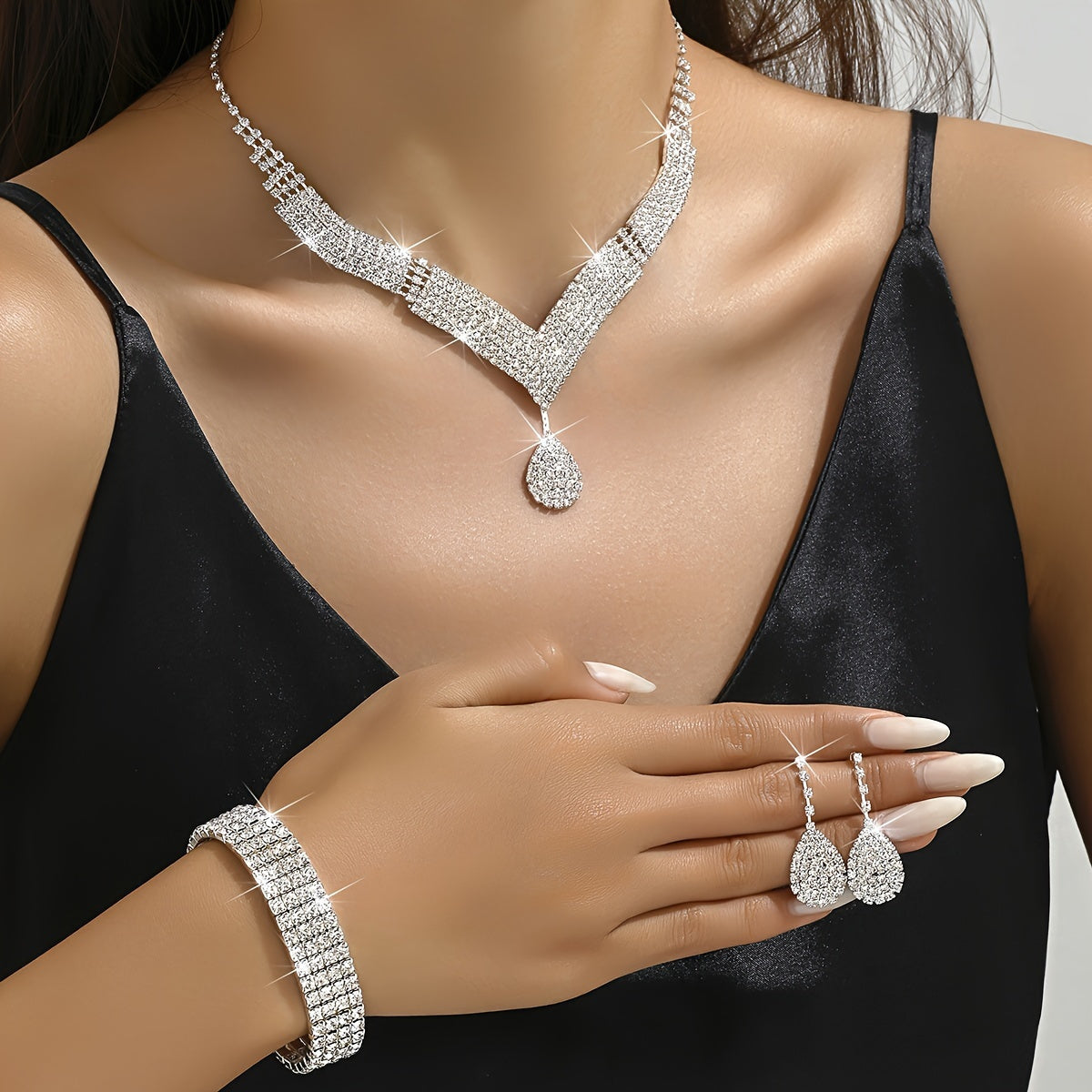 Rhinestone Water Drop Jewelry Set 3 Pieces – Dangle Earrings Necklace Bracelet with Crystal Pendant for Women, Elegant Sexy Gift for Eid Party & Special Occasions