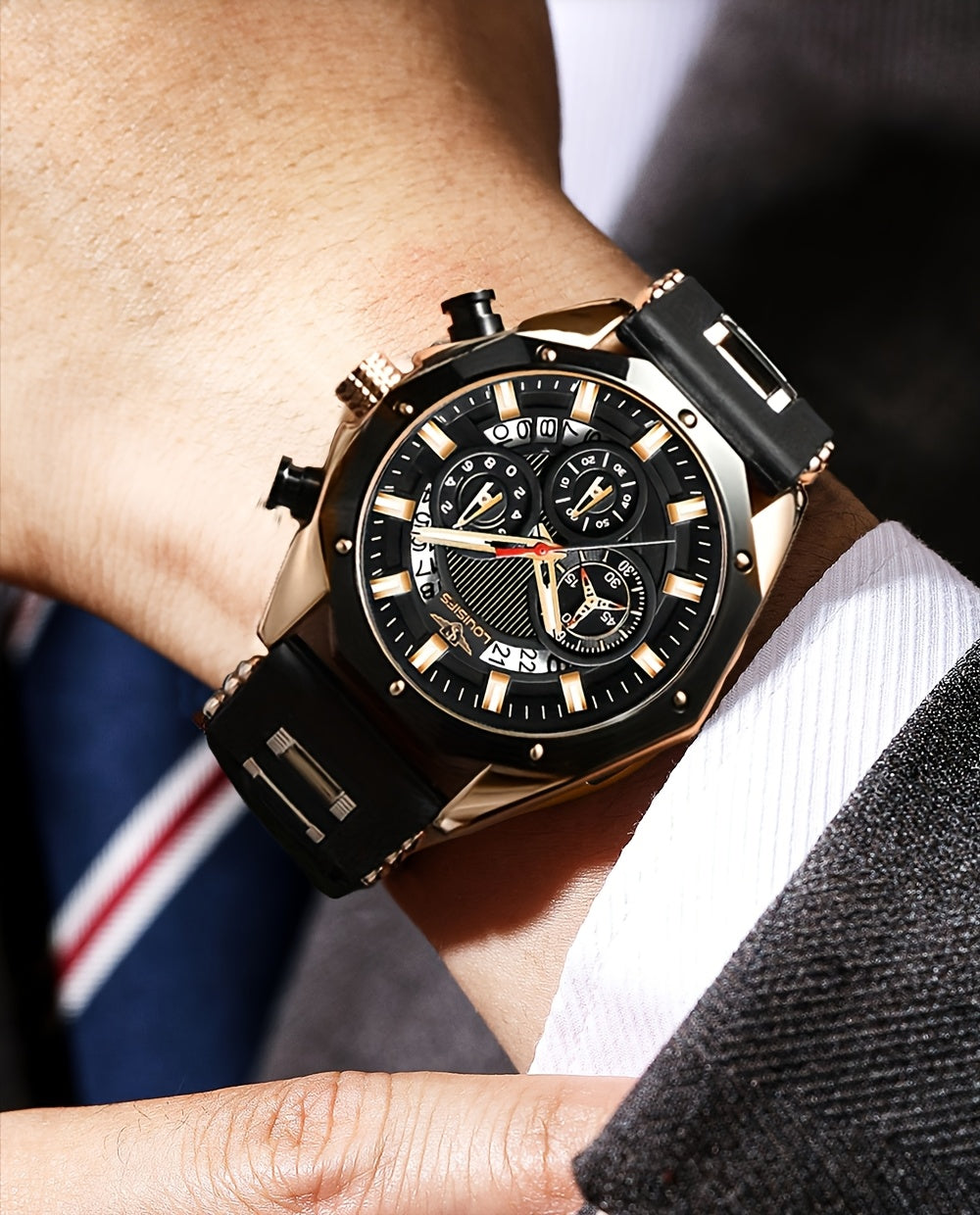 Chronograph Watch for Men - Large Dial Quartz Wristwatch with Day Date Month Display, 24H Analog, Leather Strap & Gold Buckle, Multi-Function Business Sport Dress Watch in Blue Silver Gold