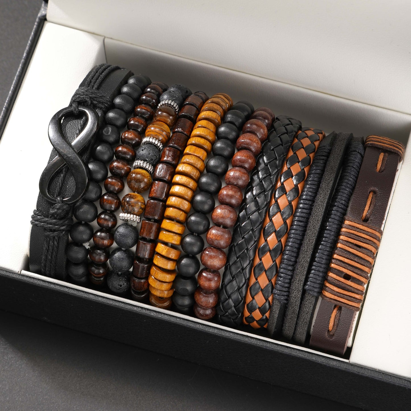 Men's Bracelet Set 12pcs – Tiger Eye Stone, Moonstone Beads & Woven Leather Rope, Vintage Stackable Bracelets for Casual & Party Wear, Fashionable Gift