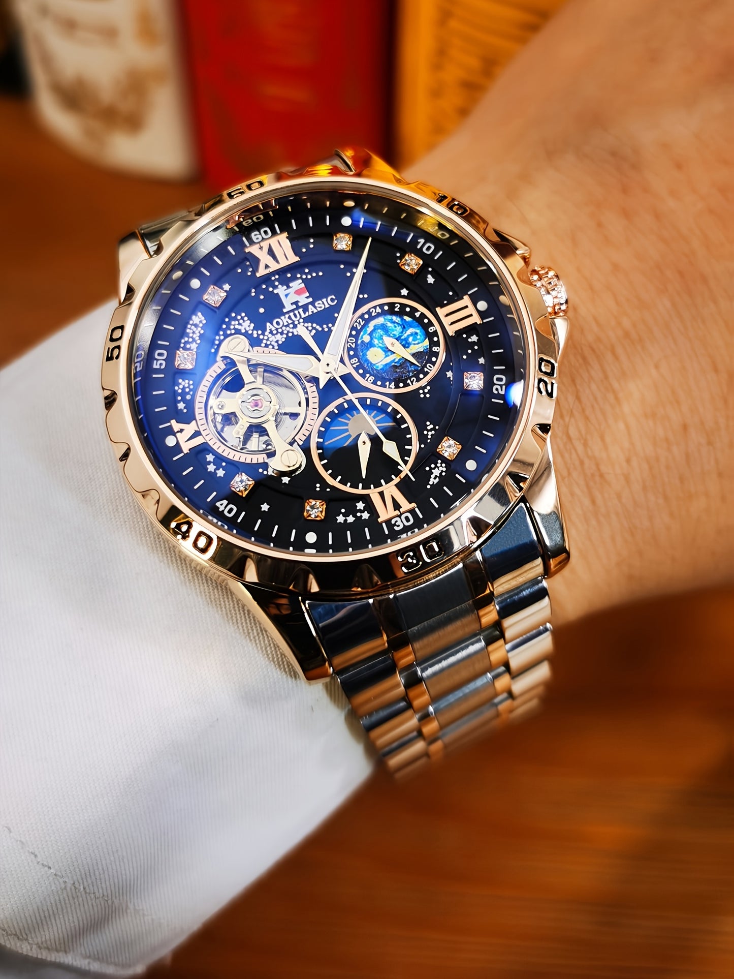Automatic Mechanical Watch Men Tourbillon Skeleton Rose Gold Stainless Steel – Starry Sky Luminous Dial Iced Out Business Casual Wristwatch Gift Box