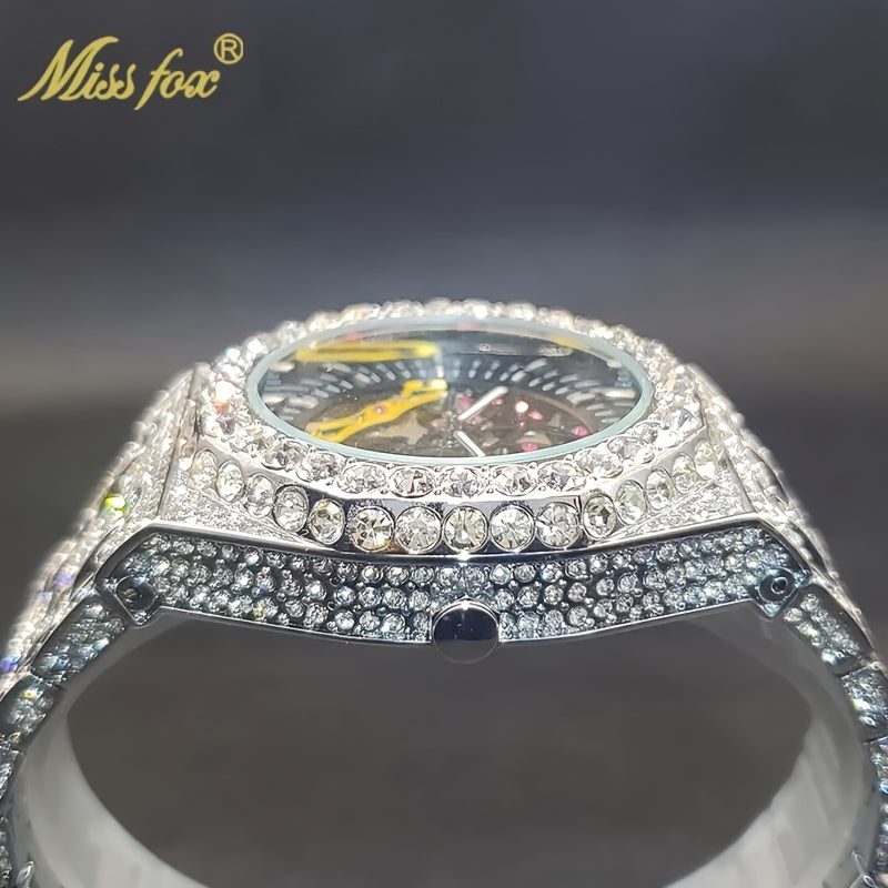 Men's Rhinestone Skeleton Mechanical Watch | Hip-Hop Luxury Iced Out Diamond Dial Automatic Wristwatch, Gold & Silver Fashion Timepiece for Men
