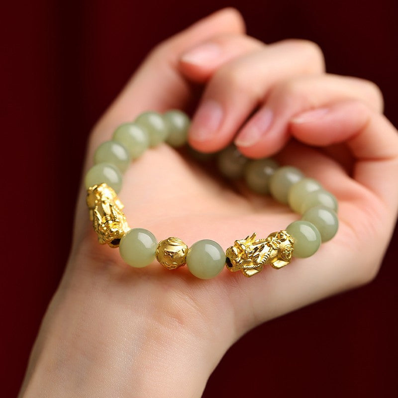 Pi Xiu Bracelet Set of 4 – Natural Green Malachite Stone 8mm Beads with Gold Accents, Handmade Chinese Feng Shui Wealth Bracelet for Good Luck & Prosperity, Includes Storage Pouch