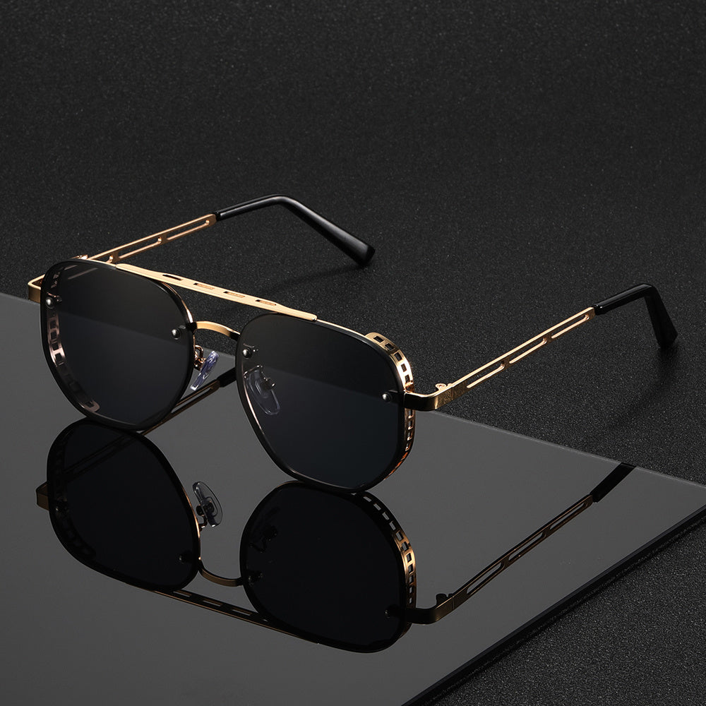 Retro Punk Sunglasses Oversized Round - Hollow Gold Metal Frame Gradient Lens for Men Women, Adjustable Nose Pads Fashion Eyewear for Driving Street Photography, Bold Statement Glasses All Season