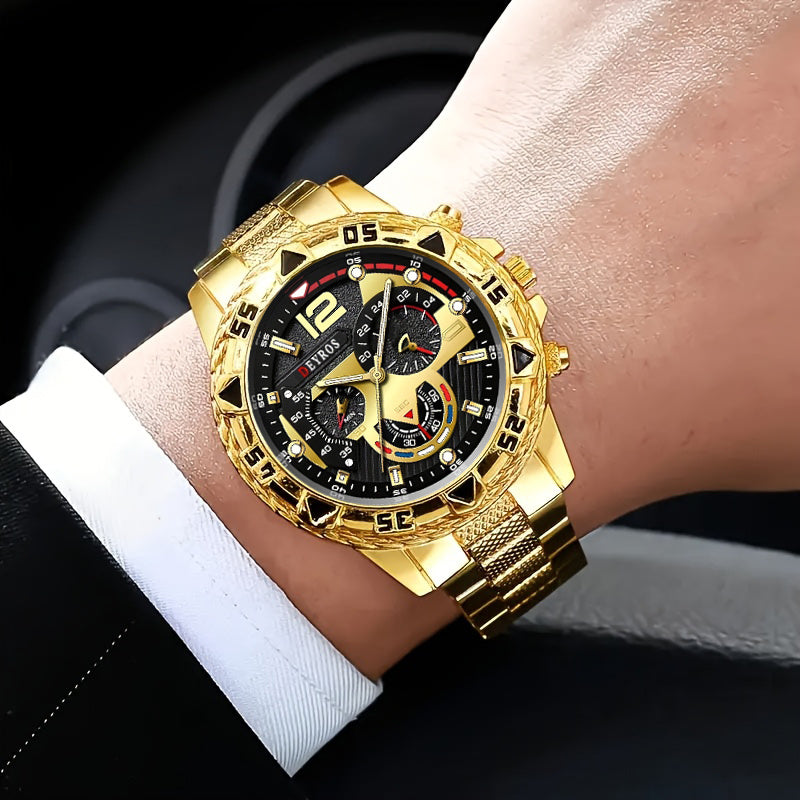 Men's Watch Bracelet Necklace Set 3pcs Quartz Stainless Steel – Casual Sport Fashion Accessory Gift Set for Men, Golden & Silvery