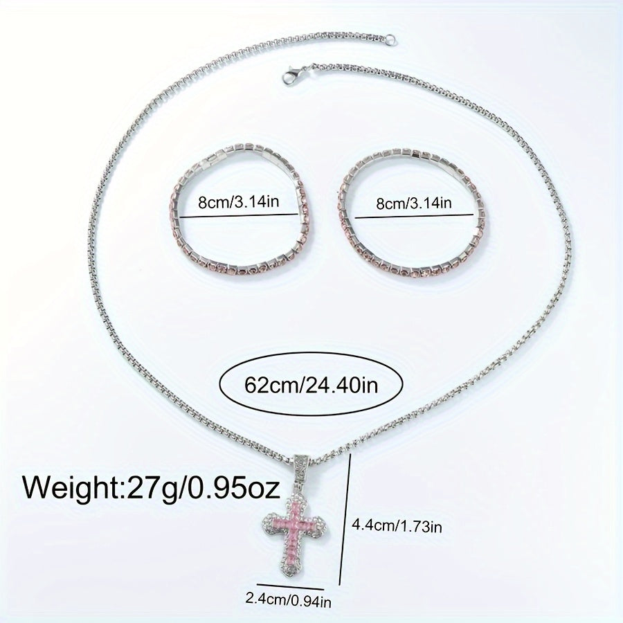 Fashion Watch and Jewelry Set 3Pcs - Rhinestone Ring Bracelet Watch Gift Set for Women, Elegant Pink Silver Quartz Watch with Matching Accessories, Ideal Birthday Gift