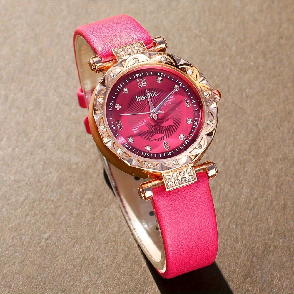 5-Piece Rose Red Quartz Watch & Jewelry Set — Rhinestone Necklace, Earrings, Ring & Round Dial Wristwatch, Elegant Gift Set for Women, Birthday & Holiday