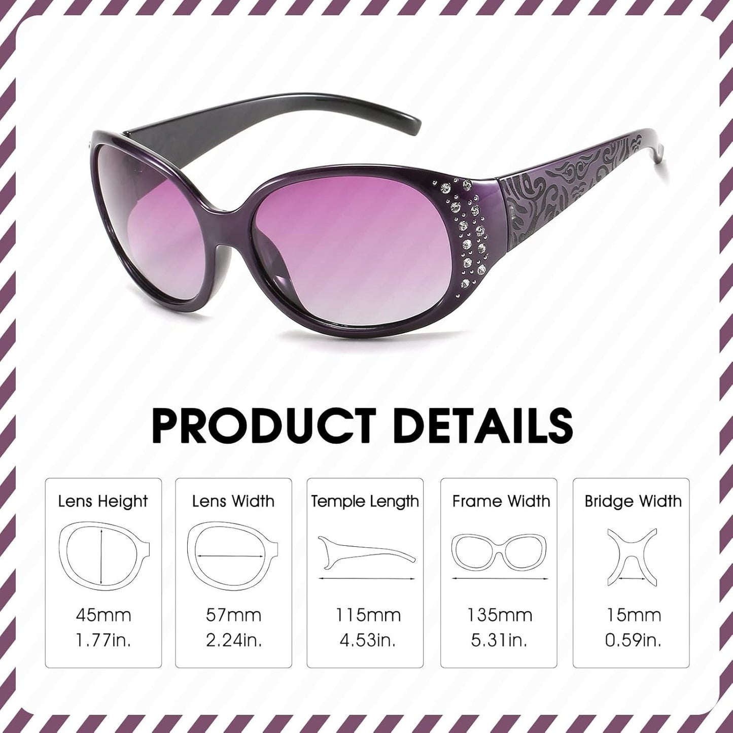 Polarized Sunglasses Women 2 Pairs Rhinestone Oval Frame Designer Style Trendy Shades Deep Purple Grey UV Protection Luxury Fashion Eyewear Gift