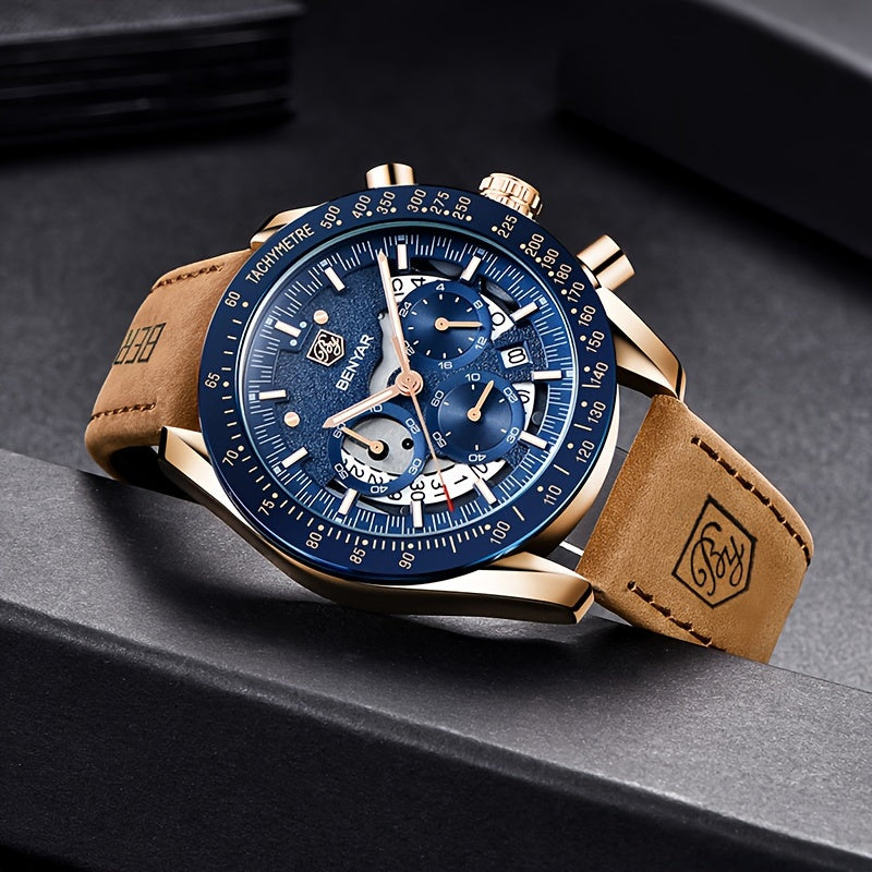 BENYAR Watch Men Luminous Chronograph Analog Quartz Big Face Business Sport Casual Fashion Dress Wristwatch Elegant Gift for Men Golden Silver Blue Black