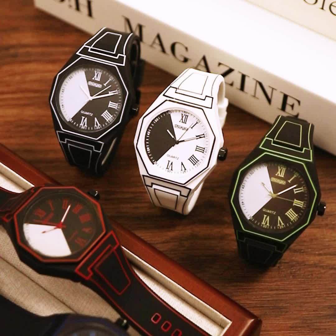Minimalist Cartoon Quartz Watch Silicone Strap Geometric Dial Unisex Casual Wristwatch for Men Women White Black Red Blue Green