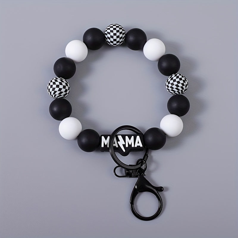 MAMA Beaded Keychain Set 2 Pcs - Handmade Checkered Bead Keyring for Women Men, Cute Car Key Pendant Bag Charm Accessory, Boho Mom Keychain Gift for Mother's Day Birthday Holiday