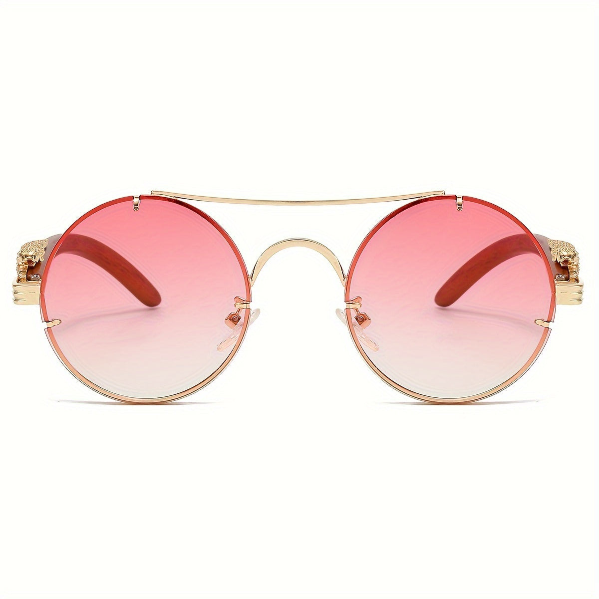 Round Metal Frame Sunglasses for Men Women - Luxury Double Bridge Gradient PC Lenses Leopard Hinge Detail with Case, Stylish Chic Shades for Vacation Street Photography Gift in 5 Colors