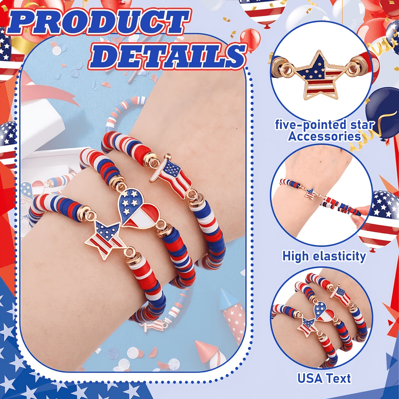 Patriotic Stretch Bracelets Bulk Red White Blue Polymer Clay Bead Bohemian Retro Women 4th of July Party Favors Everyday Wear Gift Set 15pcs 30pcs