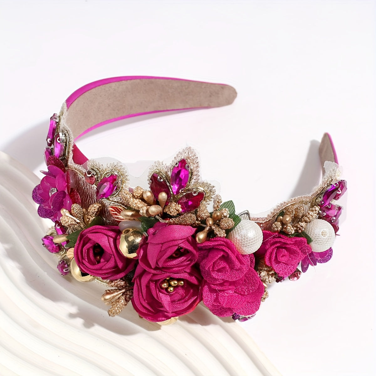 Rhinestone Pearl Headband for Women - Elegant Baroque Floral Fabric Hair Band for Wedding Bridal Bridesmaid Valentine's Day Party Prom Hair Accessories in Black White Pink Rose Red