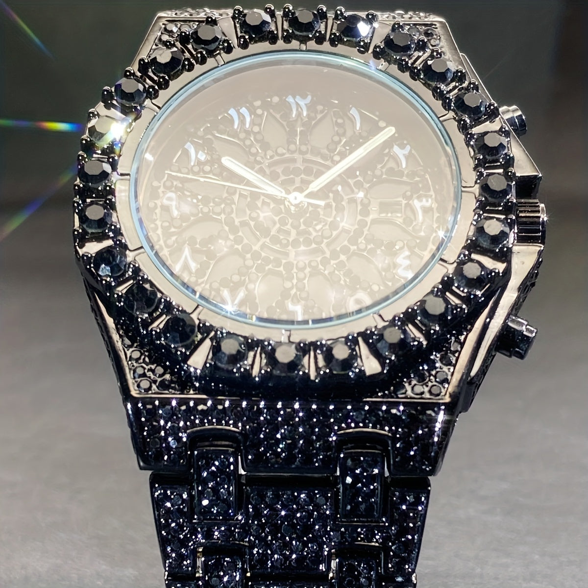 Men's Big Face Hip Hop Watch - Rhinestone Iced Out Dial, Glow-in-the-Dark Hands, Calendar Function, Bold Statement Wristwatch for Social Events & Luxury Gift