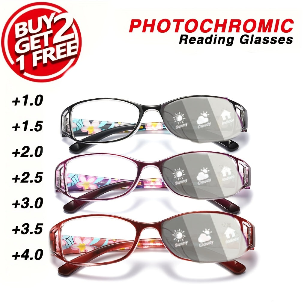 Photochromic Reading Glasses 3-Pack Floral Frame Women Light-Activated Color Changing Lenses Ultra-Lightweight Comfortable Readers Magnification +100 to +400