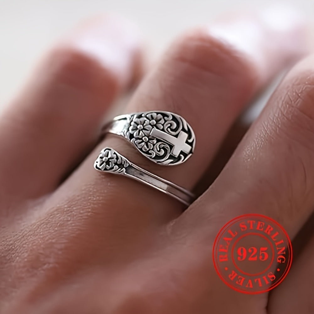 Adjustable Ring for Women - 925 Silver Boho Spoon, Engraved Open Band - 925 silver detail