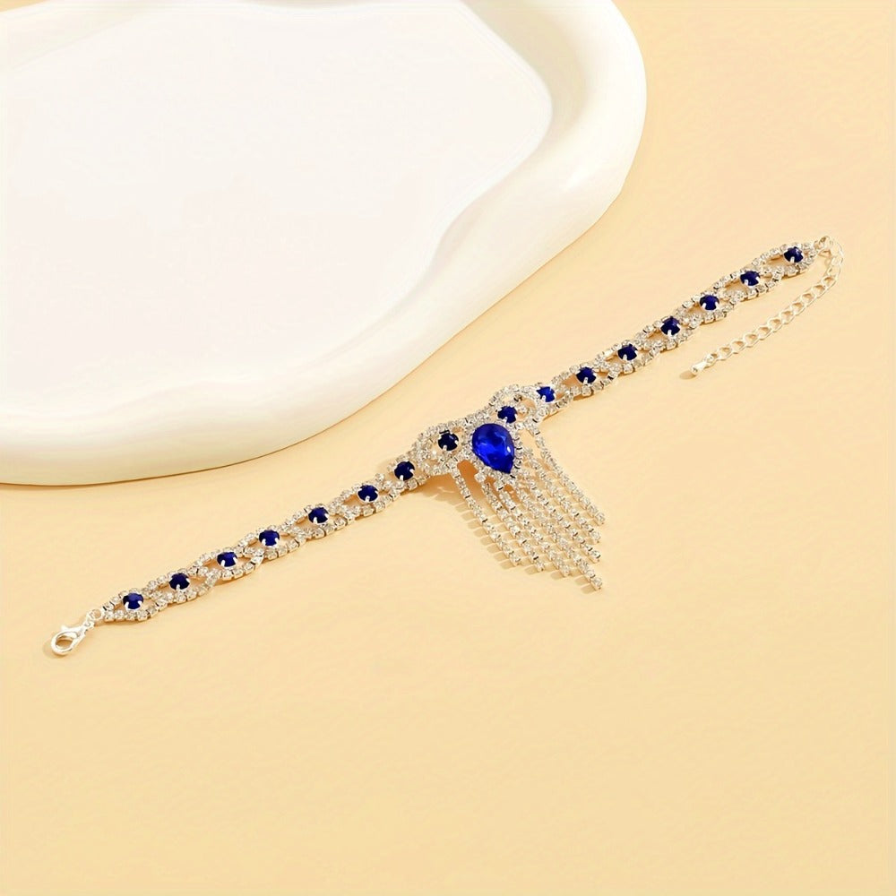 Anklet for Women - for Blue Rhinestone Sparkling Tassel Ankle Chain Bracelet Elegant Luxury - product detail view 6