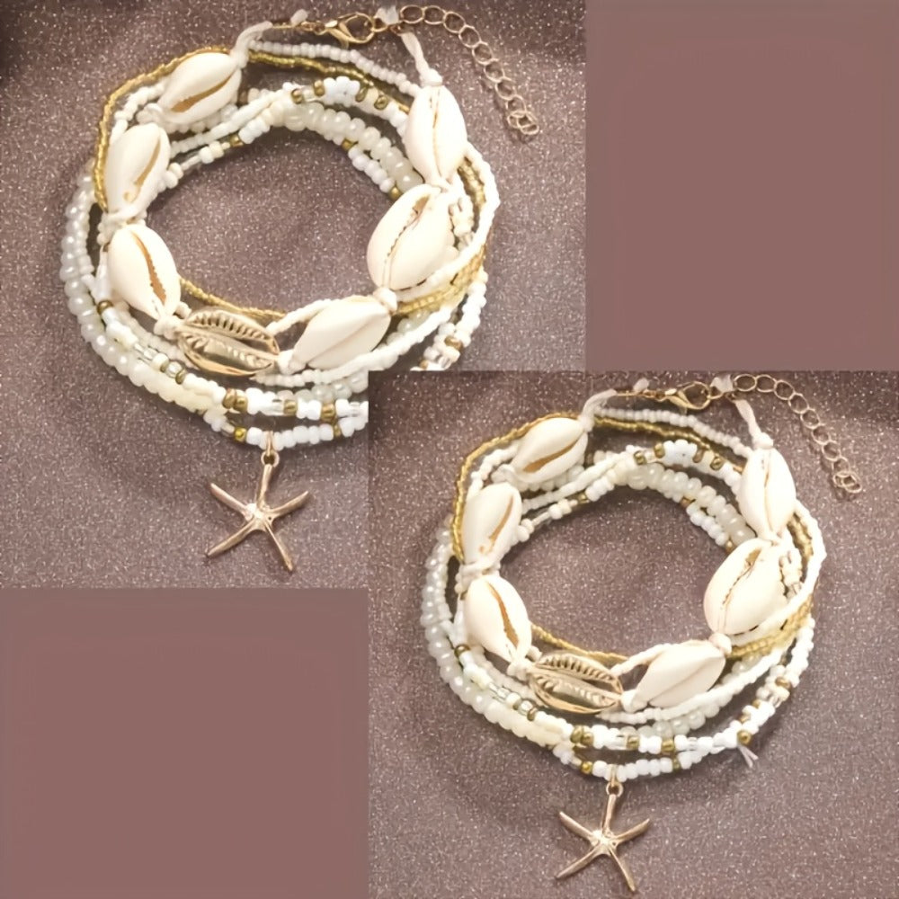 Anklet for Women - Set for 14Pcs - Boho Beach Shell Starfish Rice Bead Ankle Bracelets - product detail view 5