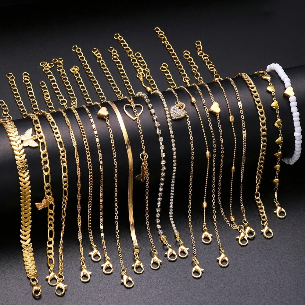 Anklet for Women - Set 20 Pieces for - Boho Butterfly, Heart & Rhinestone Layered Ankle - product detail view 4