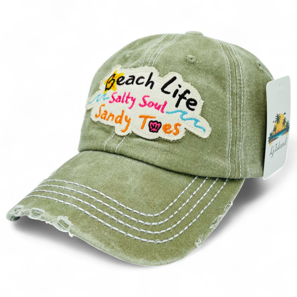 Baseball Cap - "Beach Life Salty Soul Sandy Toes" Embroidered Vintage Distressed Hat - product detail view 35