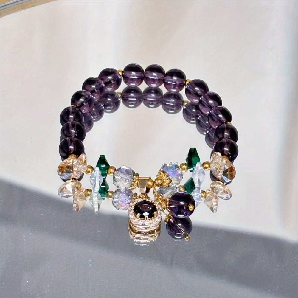 Beaded Bracelet - Amethyst Bead Set 4 Pieces Natural Stone Boho with CZ Cat Pendant, Lucky - product detail view 12