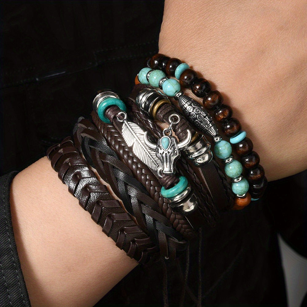 Beaded Bracelet - Bohemian Set 24pcs Turquoise Wooden Bead Multi-Layer Woven Feather Alloy - product detail view 10