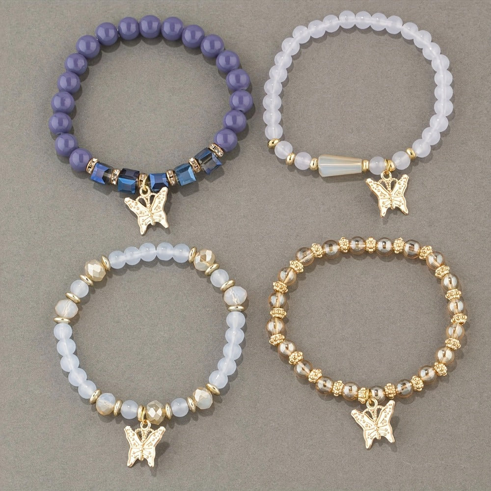 Beaded Bracelet - Boho Set 28 Pieces 7 Sets Stackable Butterfly Pendant Multi-Layer Elastic - product detail view 23