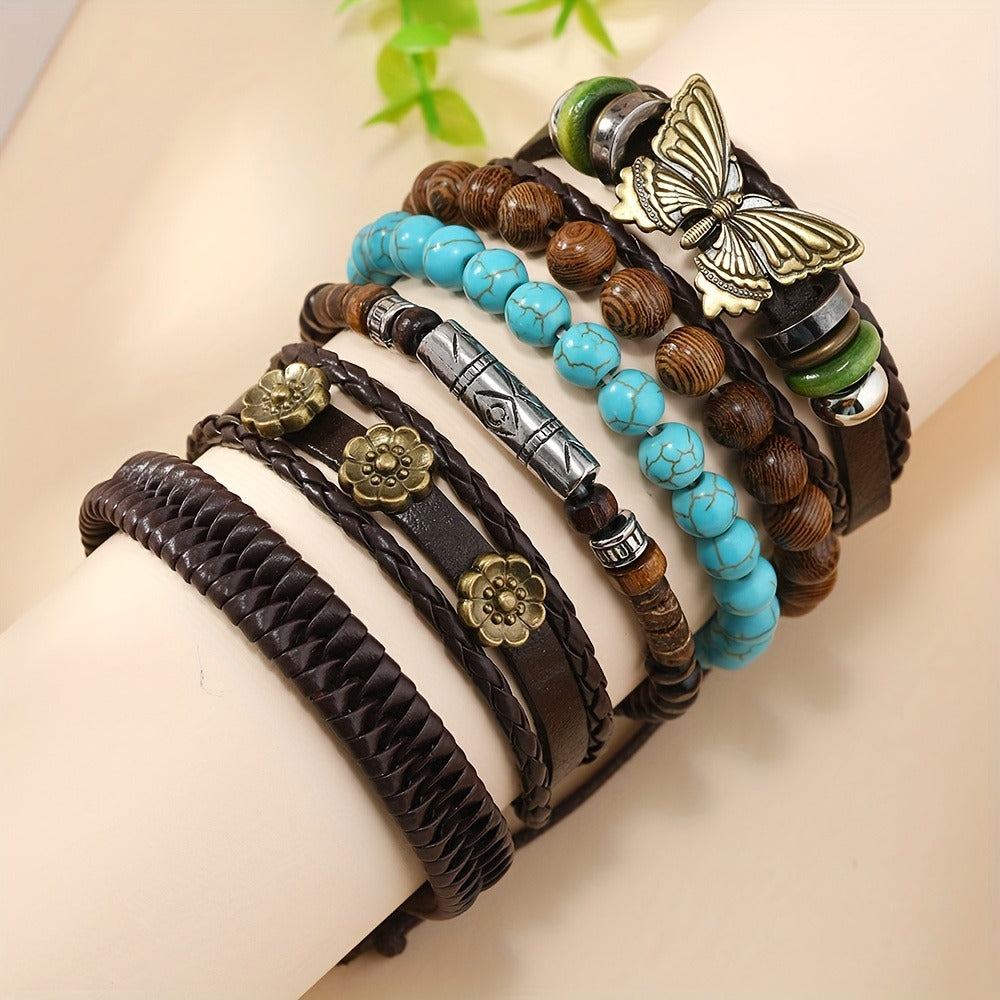 Beaded Bracelet - Boho Set 48pcs Vintage Western PU Leather & Turquoise Multilayer Bangles - product detail view 8