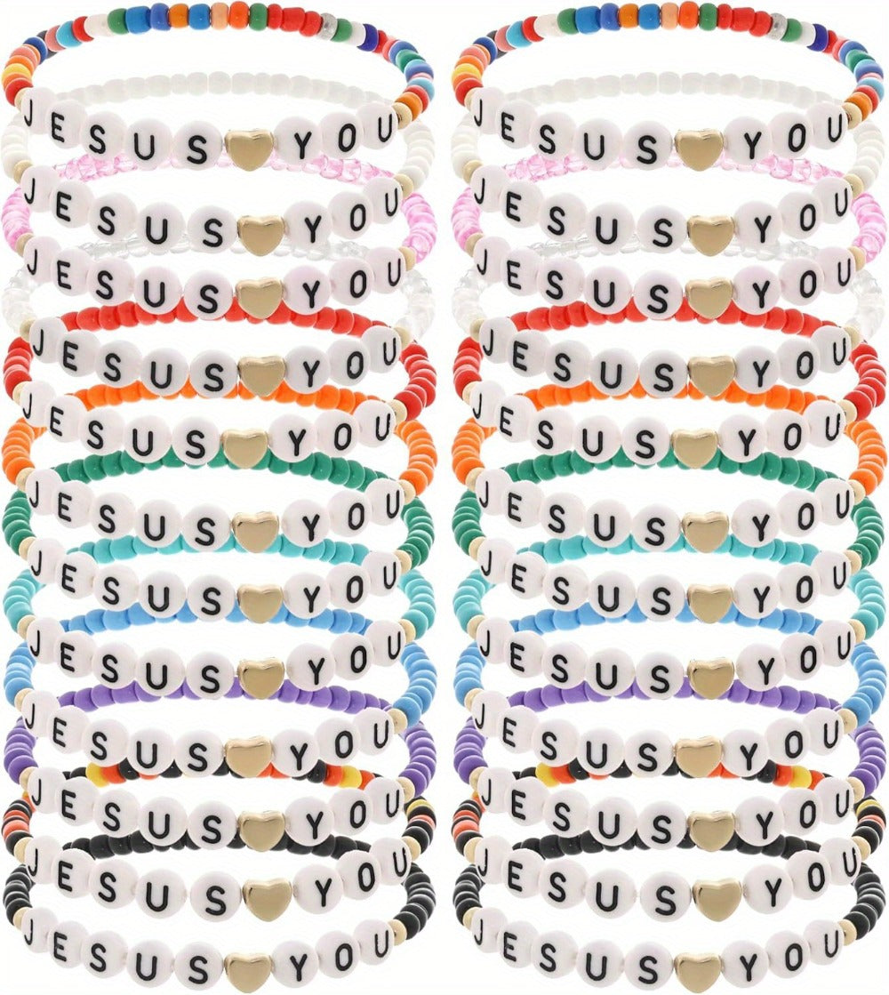Beaded Bracelet - Christian Friendship Bulk 24Pcs - Handmade Clay Bead Jesus Love You - product detail view 9
