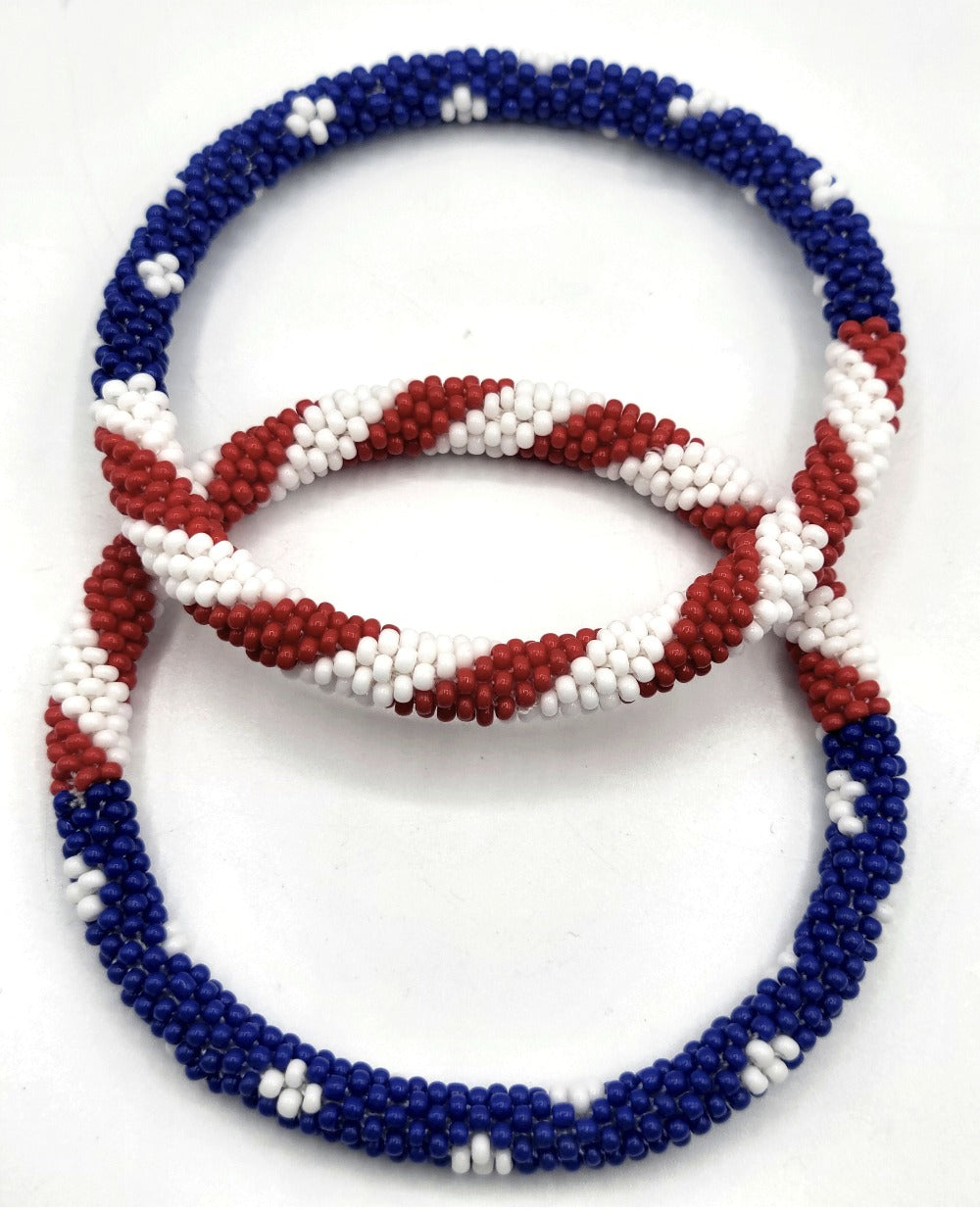 Beaded Bracelet - Handmade Patriotic Set 2pcs - USA Flag Red White Blue Glass Seed Bead - product detail view 14