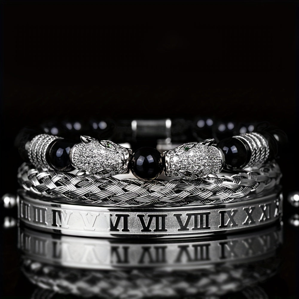 Beaded Bracelet - Leopard Head Set 3Pcs Black Agate with Double Leopard Head & Roman - product detail view 21
