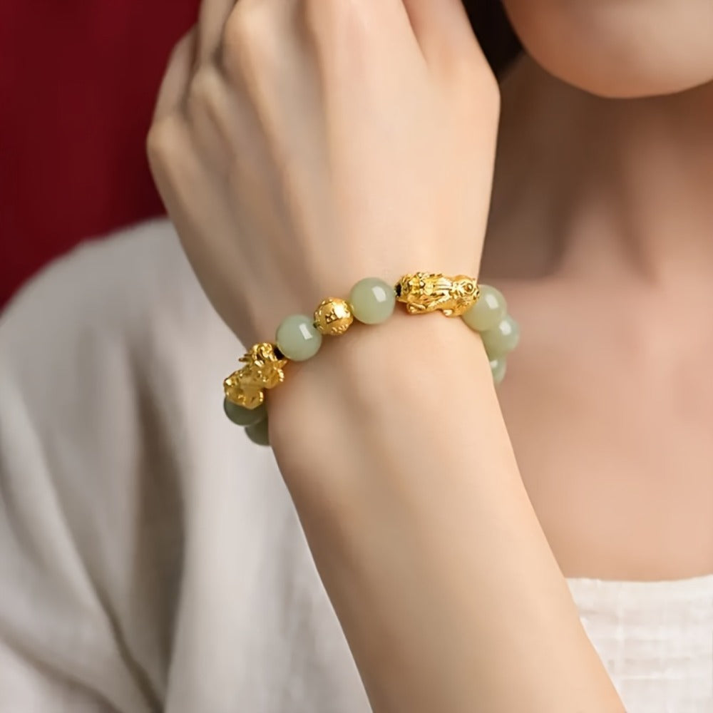 Beaded Bracelet - Pi Xiu Set of 4 Natural Green Malachite Stone 8mm Beads with Gold Accents - product detail view 19