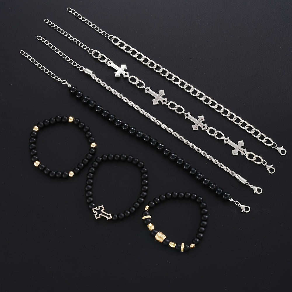 Beaded Bracelet - Men's Set 7pcs - Cross Rhinestone Chain for Men, Casual Fashion Stackable - product detail view 5