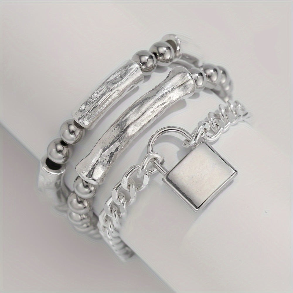 Beaded Bracelet - S925 Silver Punk Set for Women 3pcs Stackable Bangles with Lock Pendant - product detail view 15