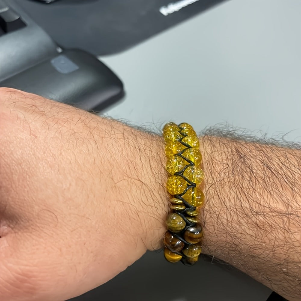 Beaded Bracelet - Tiger Eye Stone for Men Natural Adjustable with Authentic Tiger Stripe - product detail view 6