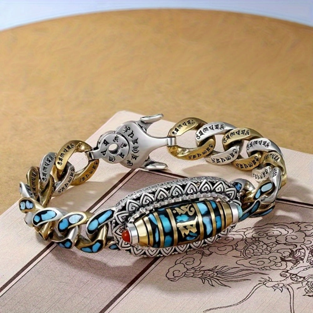 Beaded Bracelet - Turquoise Bead for Men - Stainless Steel Chain with Natural Stone Accents - product detail view 11
