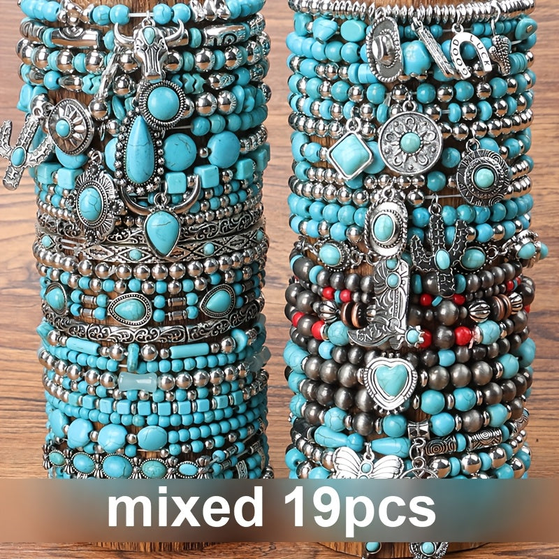 Beaded Bracelet - Turquoise Set Boho Western Vintage Multilayer Stacked Beads Charms Unisex - product detail view 12