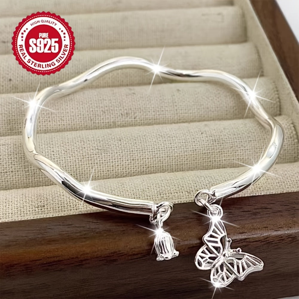 Bracelet for Women - 925 Sterling Silver Lily of the Valley Open Bangle Hypoallergenic Forest - product detail view 5