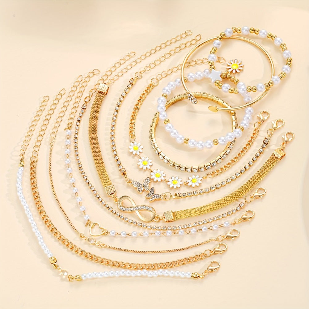 Bracelet for Women - Faux Pearl Set for 12pcs - Daisy Heart Star Butterfly Charm , Boho - product detail view 5