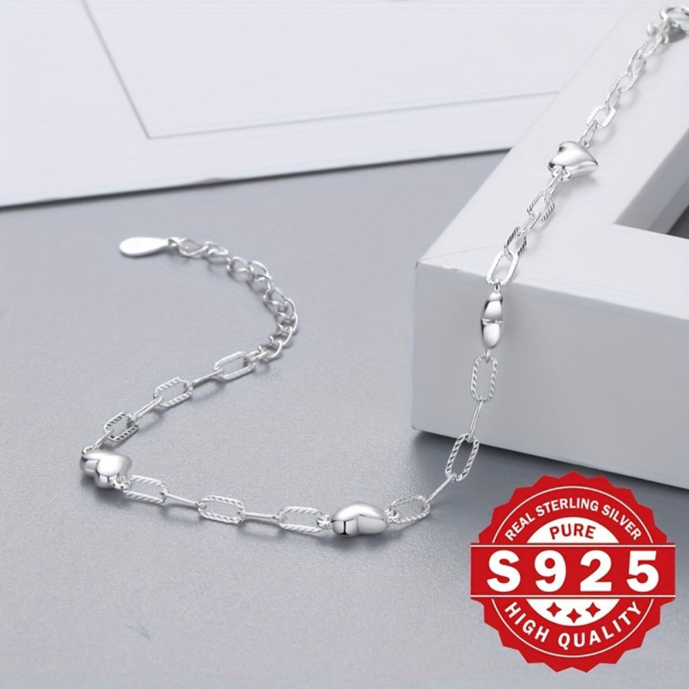 Bracelet for Women - Heart Link Chain 925 Sterling Silver 3D Heart Figaro Clasp Hypoallergenic - product detail view 14