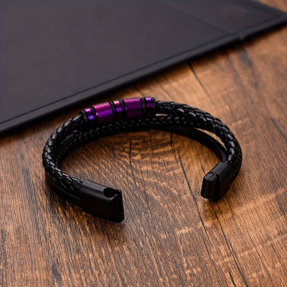 Bracelet for Men - Leather Purple Woven PU Leather Magnetic Buckle Titanium Steel Unisex - product detail view 5
