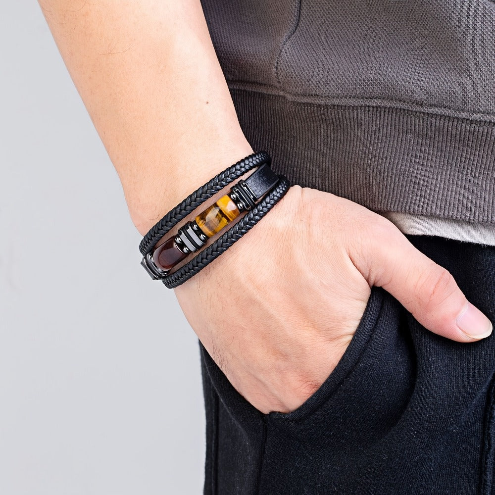 Bracelet for Men - Tiger Eye Stone 's Natural Stone Protection Multilayer Braided Wristband - product detail view 7