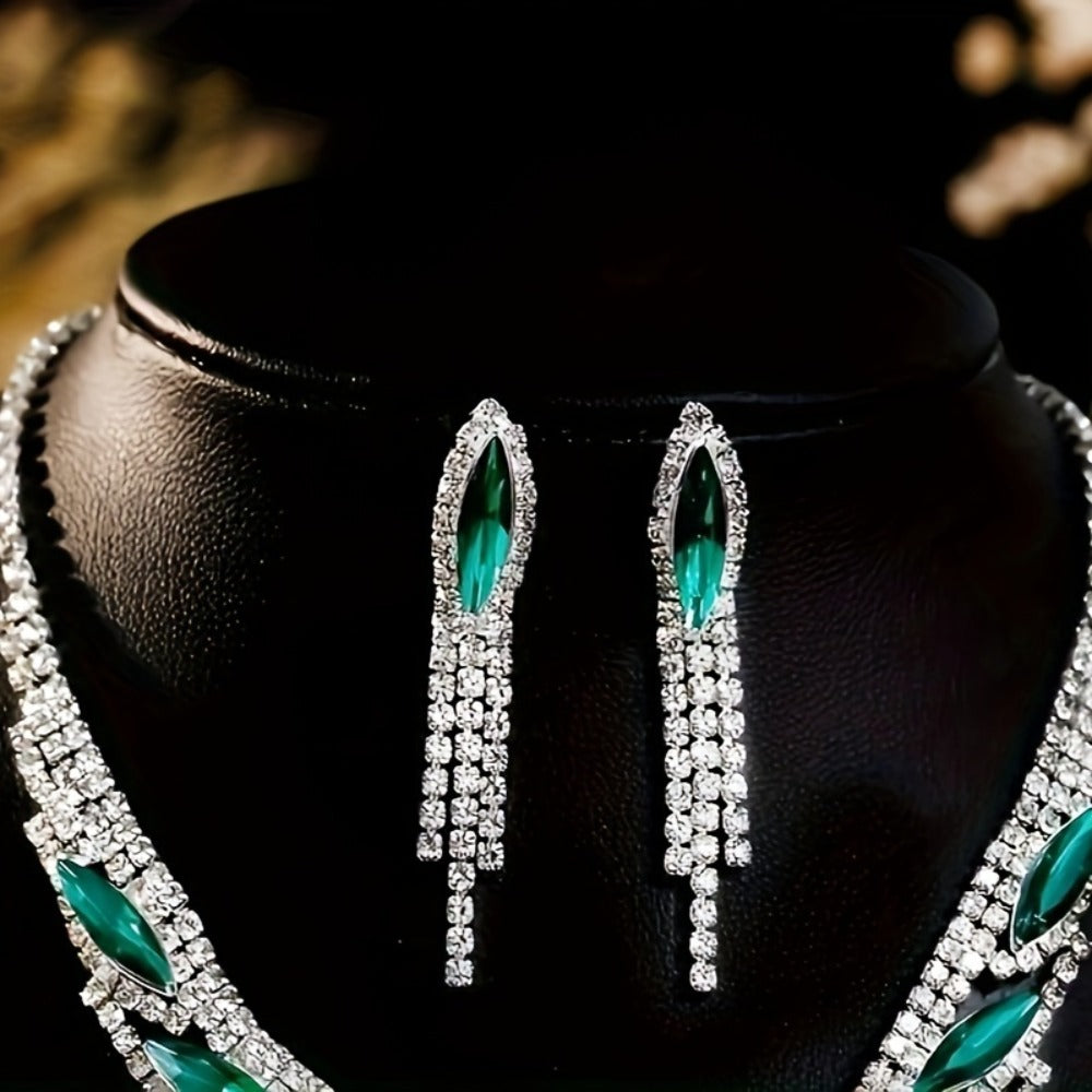 Bridal Jewelry Set - Crystal Rhinestone Green Gemstone Tassel 3pcs Necklace & Earrings for - product detail view 6