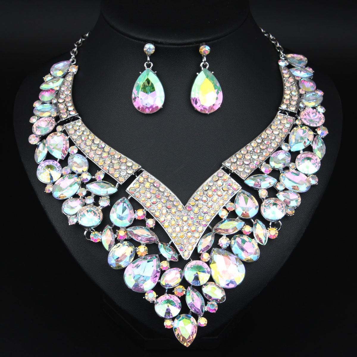 Bridal Jewelry Set - Rhinestone Necklace and Earring for Women Crystal in White, Blue & Gold - product detail view 19