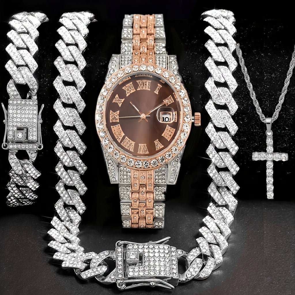 Bridal Jewelry Set - Men's Watch & Gift 4pcs - Luxury Gold Quartz Watch with Rhinestone, 14mm - product detail view 13