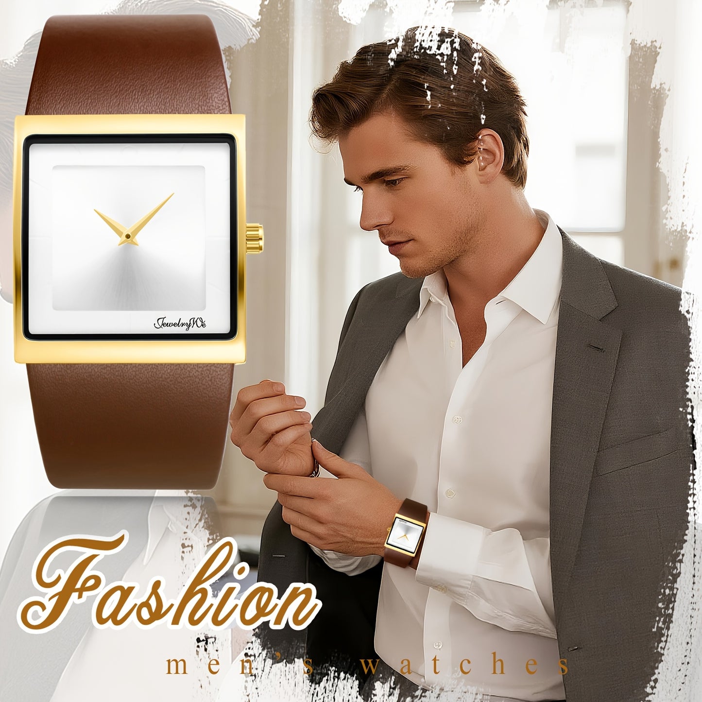 Square Dial Watch for Men - Genuine Leather Strap Quartz Wristwatch, Stainless Steel Case, Bar Scale Dial, Sports Casual Dress Watch in Black Coffee Blue Gold