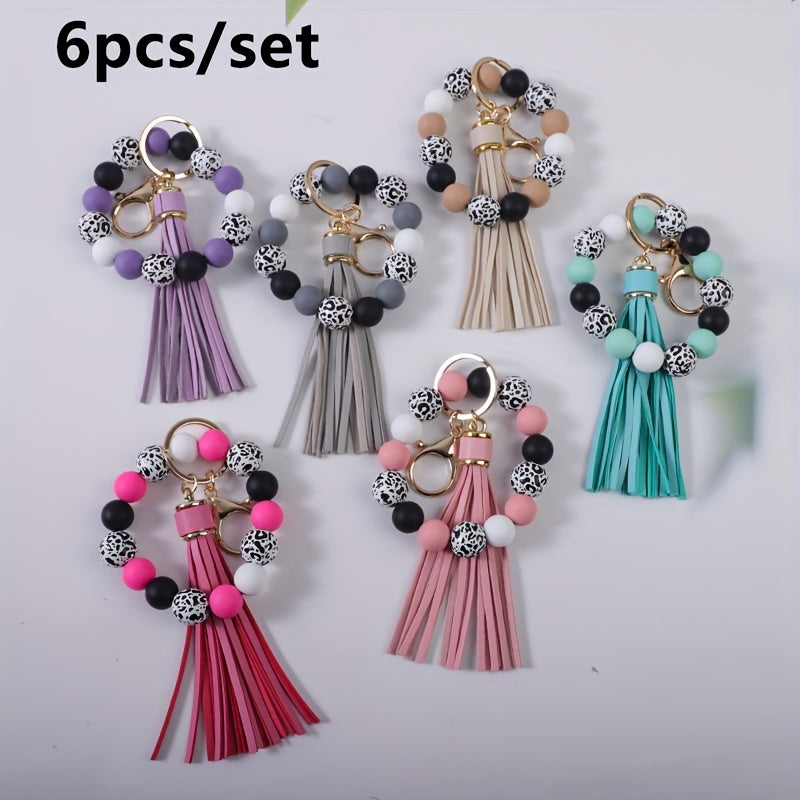 Beaded Keychain Wristband Set 5 Pcs - Leopard Print Polka Dot Fringe Charm Keychains for Women, Boho Wrist Keyring with Tassel, Cute Bag Accessory Car Key Pendant Gift Set for Women Girls
