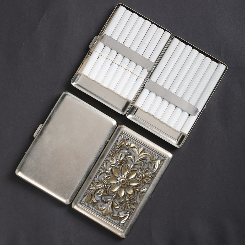 Cigarette Case - Metal Double-Open Holds 16 Retro Fire Pattern Embossed Slim Storage Box - product detail view 7
