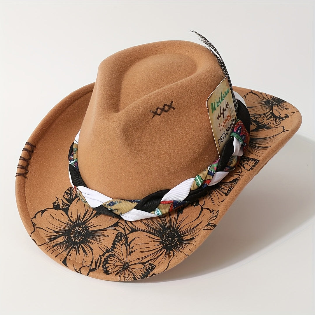 Cowboy Hat - Women's Felt Boho Floral Print Western Cowgirl with Braided Band Rodeo - product detail view 8